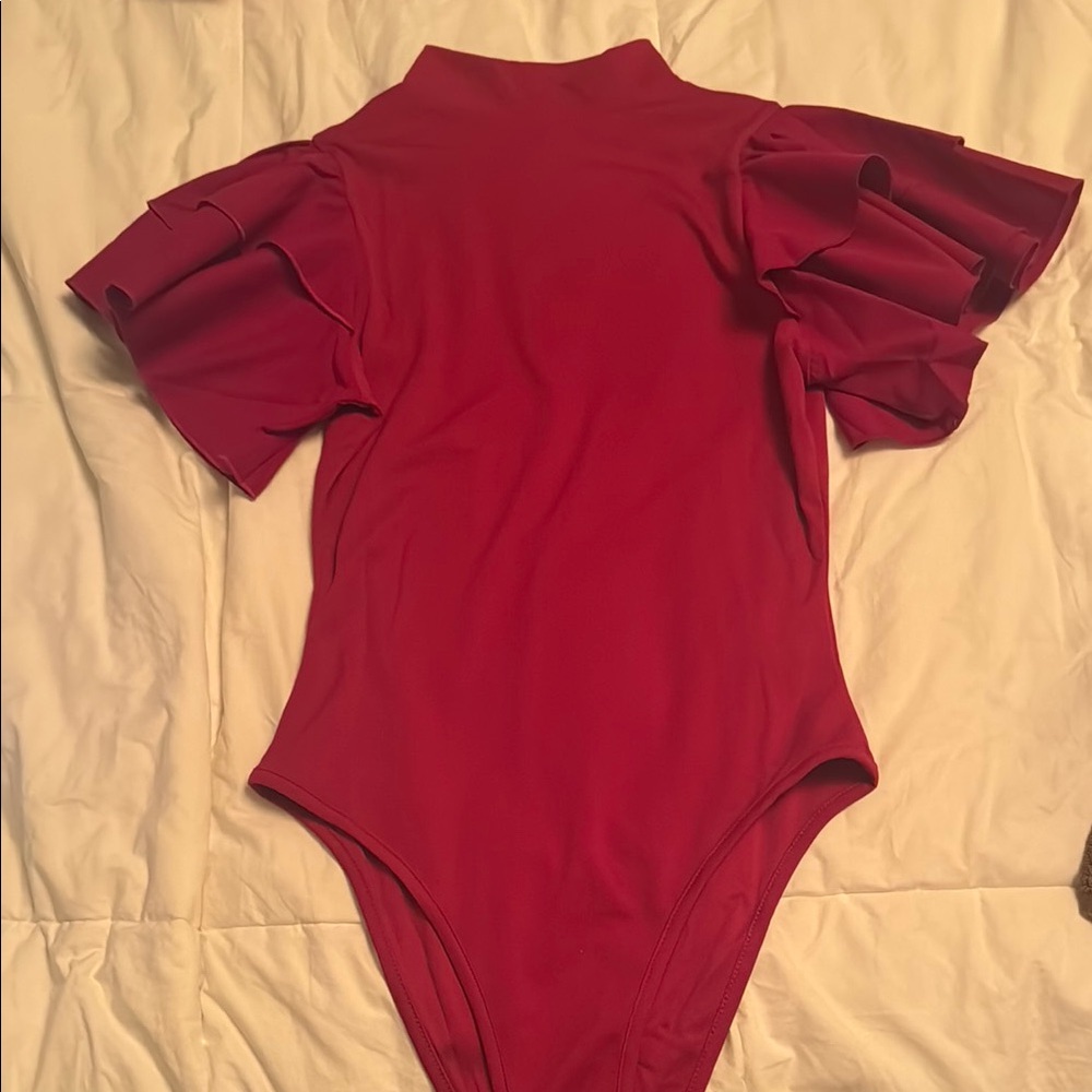 Deep Red Ruffle Sleeved Bodysuit